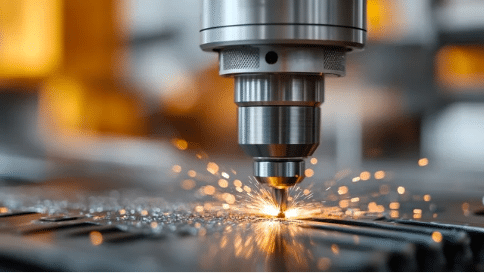 Two close-up images of laser cutting machines in action, emitting bright sparks as they precisely cut through metal sheets in an industrial setting.